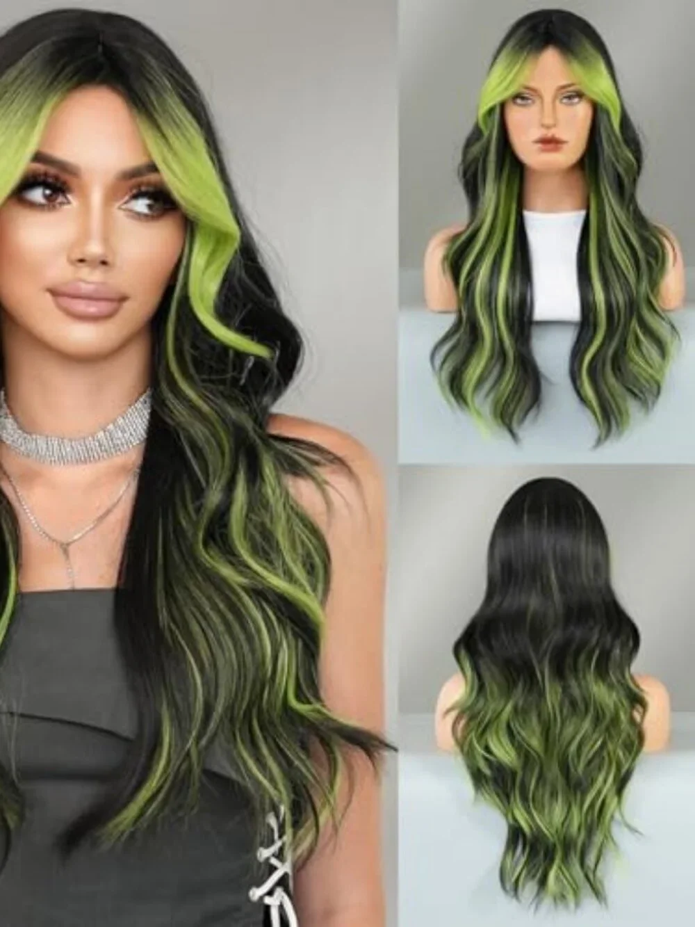 Black Wig Green Highlight Long Wavy Wig with Curtain Bang 26 Inch Ombre Black